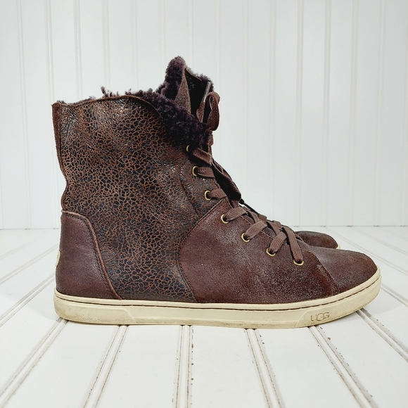 UGG Croft Lace Up High Top Trainers Dark Brown Fur Lining Ankle Boots C503 - Picture 5 of 10